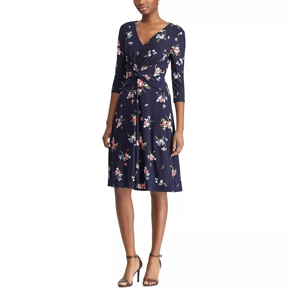 Chaps Blue Fit and Flare Dress with V-Neck for Cocktail